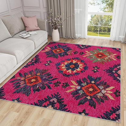 Southwestern Washable Rugs - 5x8ft - Ethnic Vintage Floral Medallion Rugs for Living Room Non Slip Low Pile Area Rug for Bedroom, Southwestern Carpets Room Decor & Gifts