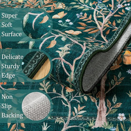 Morebes Boho Living Room Rug 8x10, Washable Kids Playroom Area Rug Non Slip, Soft Large Botanical Flower Indoor Floor Throw Carpet for Bedroom Nursery Dining Room, Dark Green