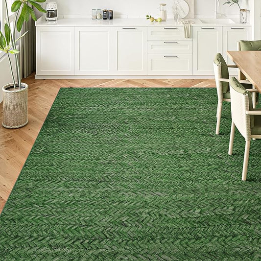 Eleisa Modern Vintage 10x14 Herringbone Chevron Area Rug, Non-Slip Stain Resistant Washable Rug, Green Large Rug for Living Room, Farmhouse Carpet for Bedroom, Kitchen, Dining Room, Home Office