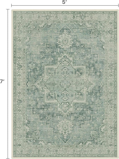 5x7 Area Rugs for Living Room, Machine Washable Rug, Non Slip Vintage Rugs, Low Pile Lightweight Print Rug for Bedroom, Dining Room, Home Office, Green