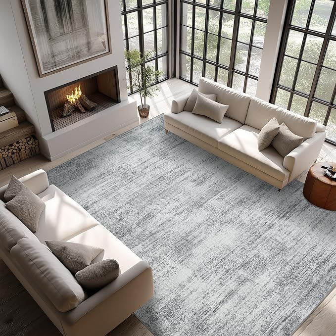 Gray Extra Large Rugs for Living Room Minimalist Aesthetic Abstract 9x12 Area Rug for Office Playroom Light Grey Low Pile Floor Covering Carpet with Non Slip Washable