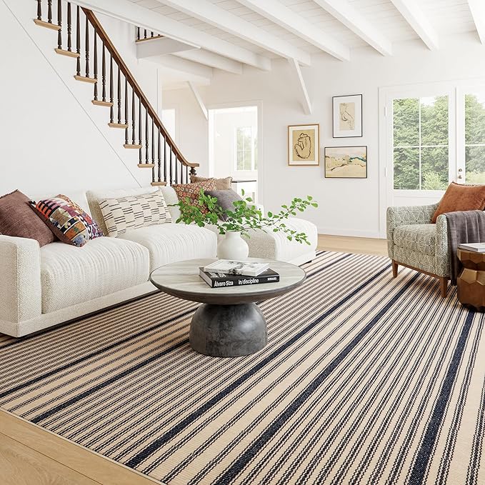 Dash & Albert Axiom Navy Machine Washable Rug, 5 X 8 Feet, Blue/Ivory Stripe Pattern