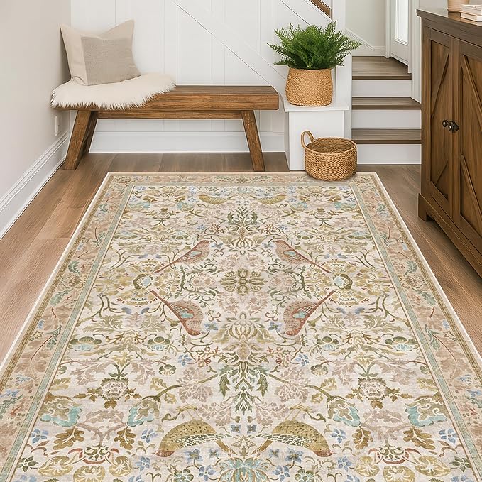 Washable Area Rugs 5x7 for Living Room - Boho Cottagecore Earthy Rugs for Bedroom, Dinning Room, Office with Vintage Beige Taupe Botanical & Bird Pattern, Non Slip Stain Resistant Low Pile