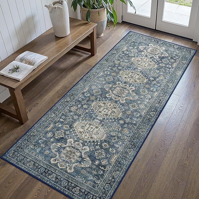 Bavni Washable Runner Rug 2x5, Non Slip Vintage Hallway Runner, Ultra Thin Low Pile Washable Carpet for Kitchen Entryway Bedroom, Blue