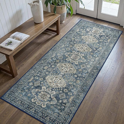 Bavni Washable Runner Rug 2x5, Non Slip Vintage Hallway Runner, Ultra Thin Low Pile Washable Carpet for Kitchen Entryway Bedroom, Blue