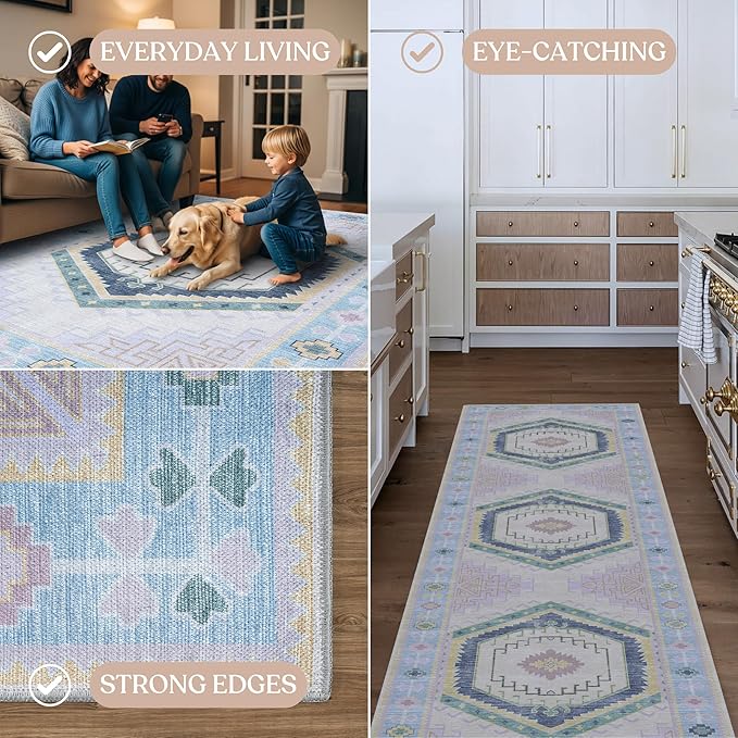 Fame Living Washable Area Rug. Modern Farmhouse. Vintage. Turkish. Bohemian. Distressed. Oriental. Traditional. Rugs for Living Room. Dining. Bedroom. Office. Entryway. Foyer. (856PBl, 5'9" x 8'9")