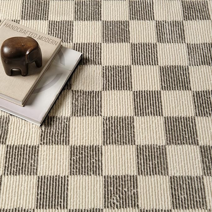 Revival Rugs Gambit 3'11" x 6'1" Checkered Rug Machine Washable Area Rug for Kitchen Bedroom - 100% Recycled Oeko-TEX Certified, Medium Pile, Gray, Beige