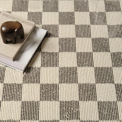 Revival Rugs Gambit 7'10"x10' Checkered Rug Washable Area Rug for Living Room Bedroom - 100% Recycled Oeko-TEX Certified, Medium Pile, Gray, Beige