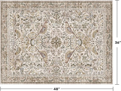 3x4 Large Entryway Rugs - Machine Washable Floral Area Rug for Bedside, Oriental Non-Slip Kitchen Floral Mats, Botanical Design Stain Resistant Carpet, Vintage Farmhouse Décor (Moss)
