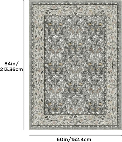 Bavni 5x7 Area Rugs for Living Room, Floral Rug Machine Washable Non Slip, Vintage Boho Forest Carpet, Soft Low Pile Thin Lightweight Rugs for Bedroom, Farmhouse, Dining Room Office, Mist Grey/Ivory