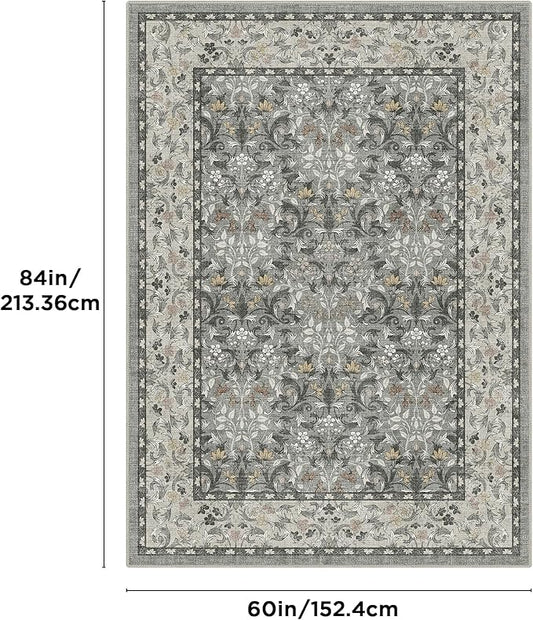 Bavni 5x7 Area Rugs for Living Room, Floral Rug Machine Washable Non Slip, Vintage Boho Forest Carpet, Soft Low Pile Thin Lightweight Rugs for Bedroom, Farmhouse, Dining Room Office, Mist Grey/Ivory