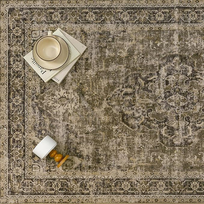 4x6 Washable Area Rug Brown Vintage Distressed Rug for Office Oriental Soft Thin Indoor Retro Carpet Non Slip Low Pile Floor Cover for Living Ding Room Bedroom Laundry