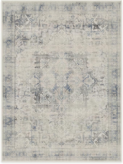 RUGGABLE Washable Vintage Area Rug – Kamran Blue Quartz 9x12, Stain-Resistant, Non-Slip – Large Machine Washable Rugs for Living Room, Bedroom, Hallway, Entryway & Office–with Standard Pad