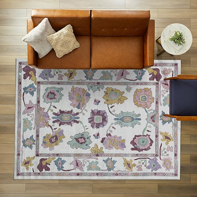 Fame Living Pink Oushak Rug, Modern Rugs, Vintage, Turkish, Eclectic, Floral, Pastel, Washable, Small Throw, Accent Area Rug for Living Room, Bedroom, Kitchen, Bathroom, 2'5"x4'9"