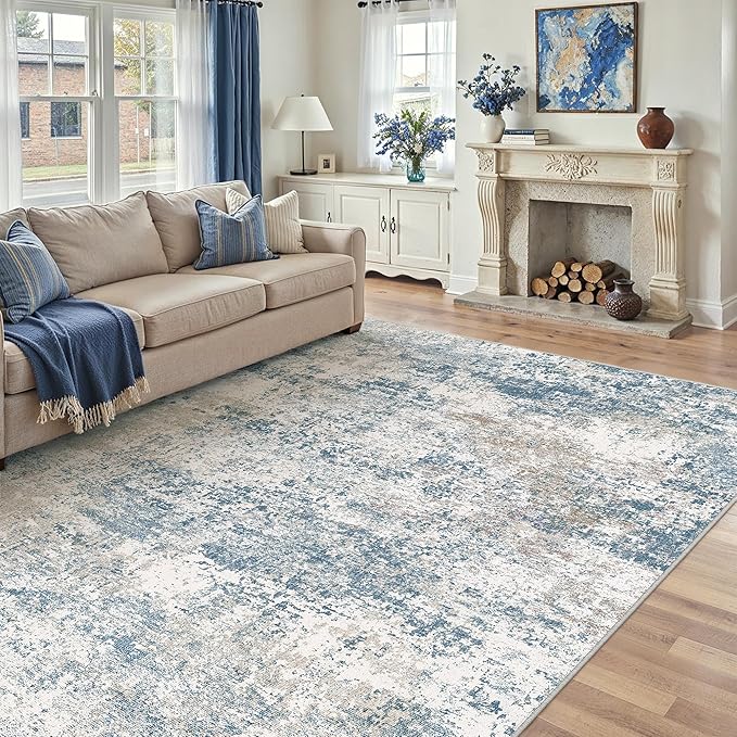 Blue 8x10 Area Rug Washable Modern Abstract Living Room Carpet Non Slip Neutral Low Pile Soft Contemporary Aesthetic Bedroom Large Rug Indoor Office Dining Room Playroom