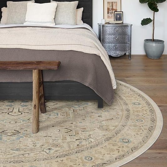 RUGGABLE Washable Vintage Area Rug – Kamran Ivory Opal 8 ft Round, Stain-Resistant, Non-Slip – Large Machine Washable Rugs for Living Room, Bedroom, Hallway, Entryway & Office–with Cushioned Pad