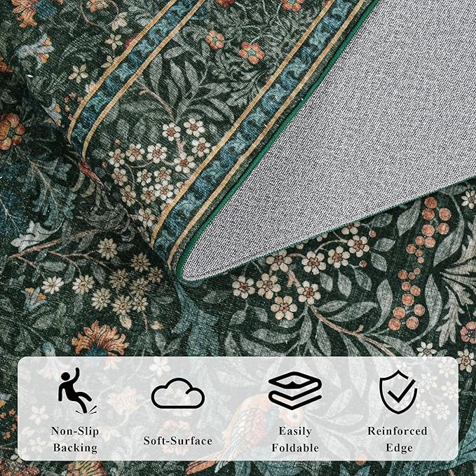 6x9 Floral Washable Area Rug for Living Room, Vintage Boho Rugs for Bedroom Dining Room, Botanical Birds Non Slip Low Pile Forest Throw Carpet for Farmhouse Office, Retro Green/Blue