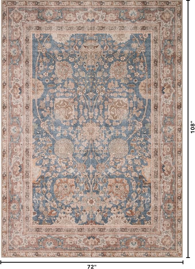 Kuden 6x9 Area Rug, Machine Washable Area Rug with Non-Slip Backing, Vintage Style, Soft, Easy Clean, Low Pile Rug for Living Room, Bedroom, Dining Room