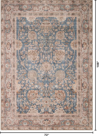 Kuden 6x9 Area Rug, Machine Washable Area Rug with Non-Slip Backing, Vintage Style, Soft, Easy Clean, Low Pile Rug for Living Room, Bedroom, Dining Room