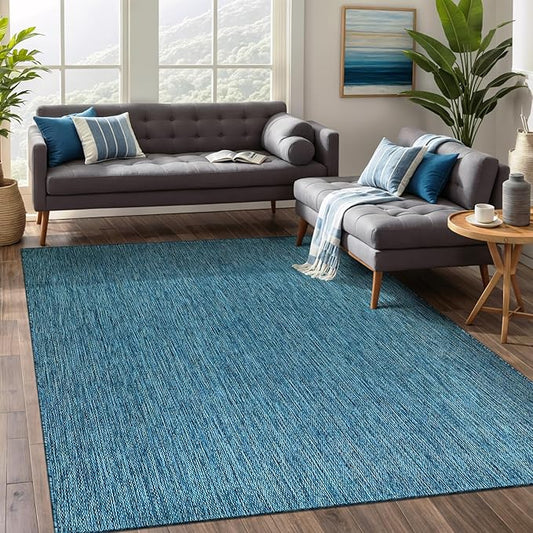Beverly Rug Indoor Outdoor Rug 5x7, Washable Outside Carpet for Patio, Deck, Porch, Solid Modern Area Rug, Water Resistant, Aqua Blue