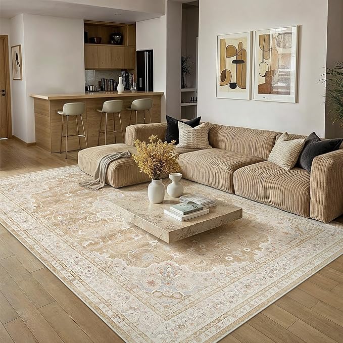 HUGEAR Machine Washable Area Rugs 8x10 Vintage Beige Brown Living Room Bedroom Rug Neutral Style Non Slip Stain Resistant Low Pile Throw Carpet for Home Retro Aesthetic Modern Decor