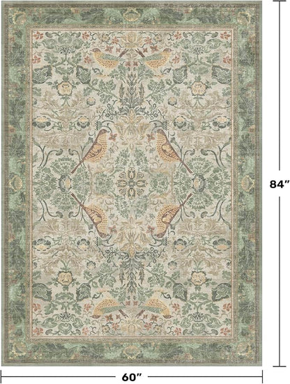 Washable Sage Green Area Rugs 5x7 for Living Room, Bedroom Bedside, Dinning Room, Office with Botanical Floral Bird Pattern, Muted Green Non Slip Stain Resistant Low Pile French Country Decor