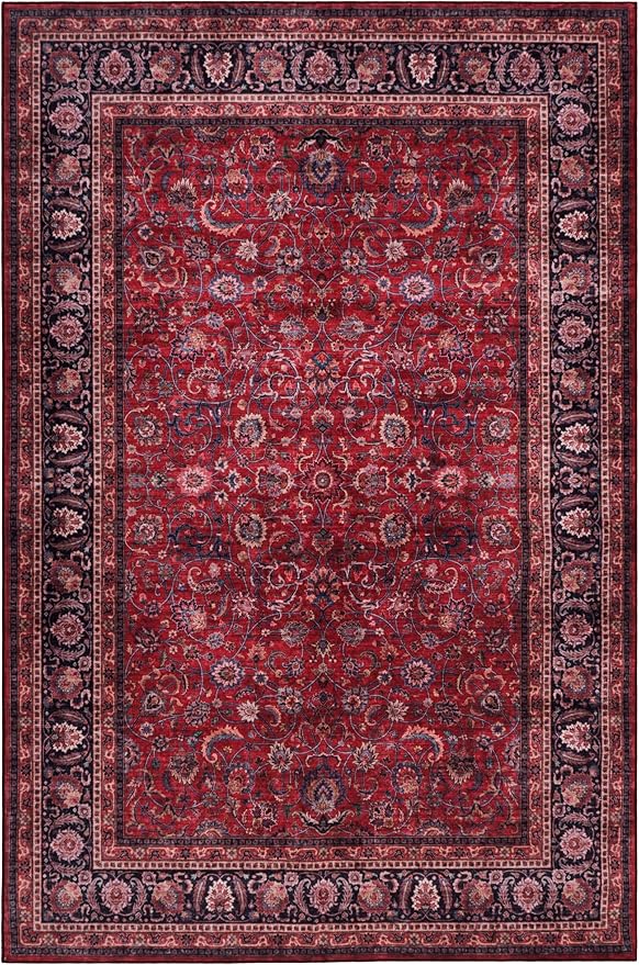 GLN Rugs Traditional Collection - Machine Washable Area Rug, Traditional Washable, Non Slip, Low Pile Chenille Rug, Living Room, Bedroom, Kitchen Rug (3' x 5' Dark Red)