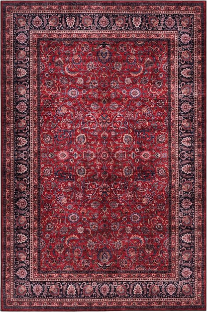 GLN Rugs Traditional Collection - Machine Washable Area Rug, Traditional Washable, Non Slip, Low Pile Chenille Rug, Living Room, Bedroom, Kitchen Rug (5' x 7' Dark Red)