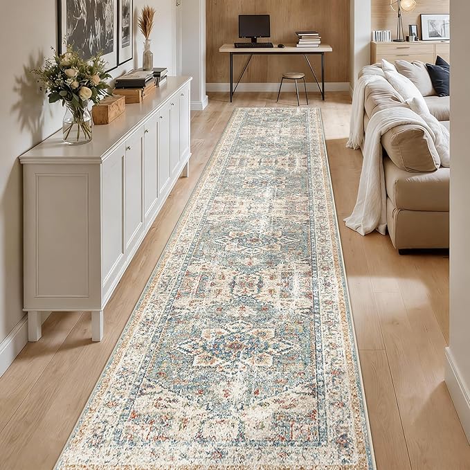 Enkor Runner Rugs for Hallway, 2.6x13 Washable Soft Boho Non Slip Floor Rugs for Kitchen, Modern Mat for Living Room Bedroom Entryway Beige & Green