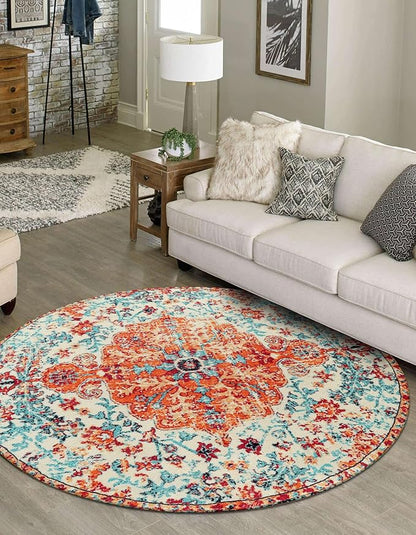 Lahome Bohemian Floral Medallion Round Rug - 4Ft Soft Bedroom Area Rug Oriental Distressed Washable Entryway Foyer Throw Mat Non-Slip Door Carpet for Dining Living Room Bedside Nursery, Orange/Multi
