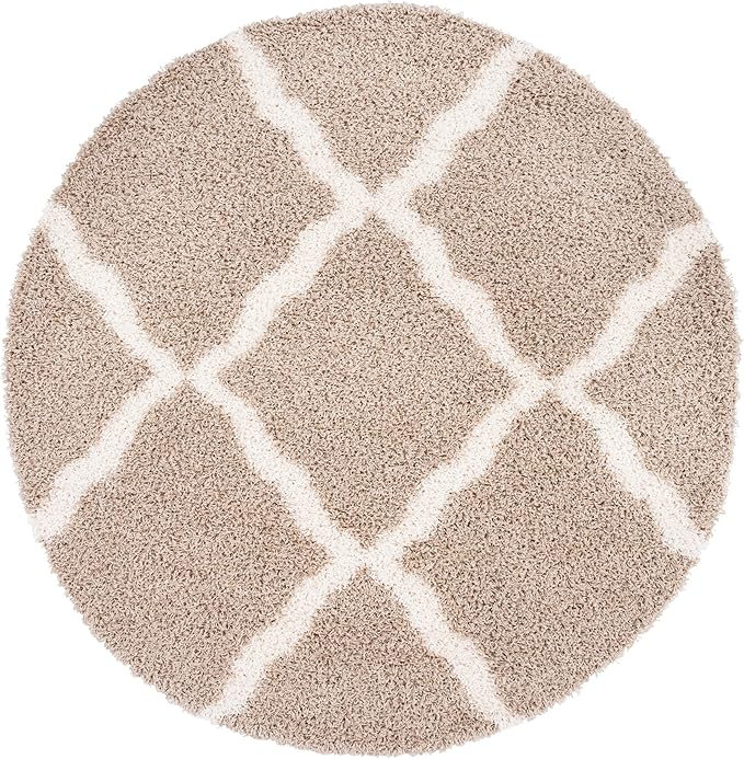 SAFAVIEH Dallas Shag Collection Area Rug - 6' Round, Beige & Ivory, Trellis Design, Non-Shedding & Easy Care, 1.5-inch Thick Ideal for High Traffic Areas in Living Room, Bedroom (SGD257D)