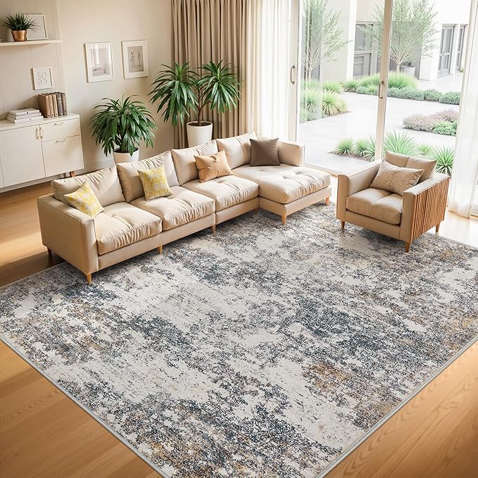 Area Rugs 9x12 Living Room - Modern Abstract Large Rugs for Living Room Non-Slip Low Pile Soft Machine Washable Carpet for Bedroom, Under Dining Table, Nursery, Farmhouse (9'x12' Tan Blue)