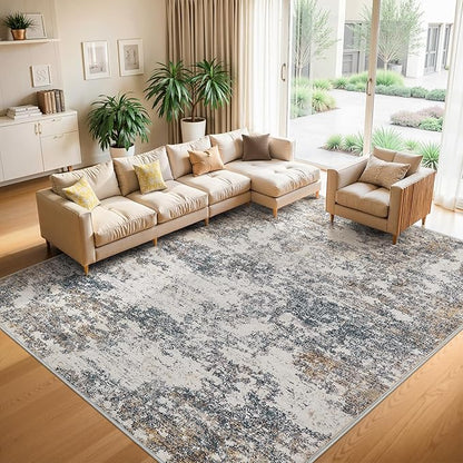 7x9 Washable Area Rugs - Modern Abstract Rugs for Living Room Non-Slip Low Pile Soft Machine Washable Carpet for Bedroom, Dining Room, Nursery, Home Office, Farmhouse (7'x9' Tan Blue)