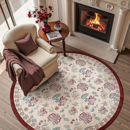 jinchan Elora 5ft Floral Round Rug for Entryway Washable Kitchen Rug Vintage Romance Design Non Slip Indoor Doormat Lightweight Low-Profile Throw Carpet for Living Room Dining Room Bedroom, Red/Beige