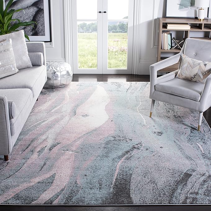 SAFAVIEH Glacier Collection Area Rug - 6'7" Square, Pink & Blue, Modern Abstract Design, Non-Shedding & Easy Care, Ideal for High Traffic Areas in Living Room, Bedroom (GLA126U)