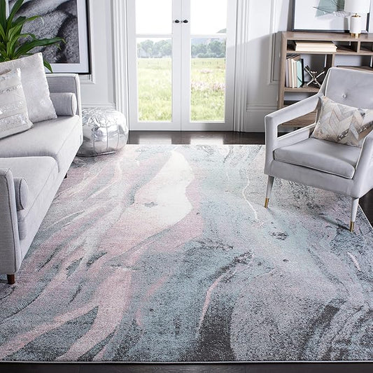 SAFAVIEH Glacier Collection Area Rug - 6'7" Square, Pink & Blue, Modern Abstract Design, Non-Shedding & Easy Care, Ideal for High Traffic Areas in Living Room, Bedroom (GLA126U)
