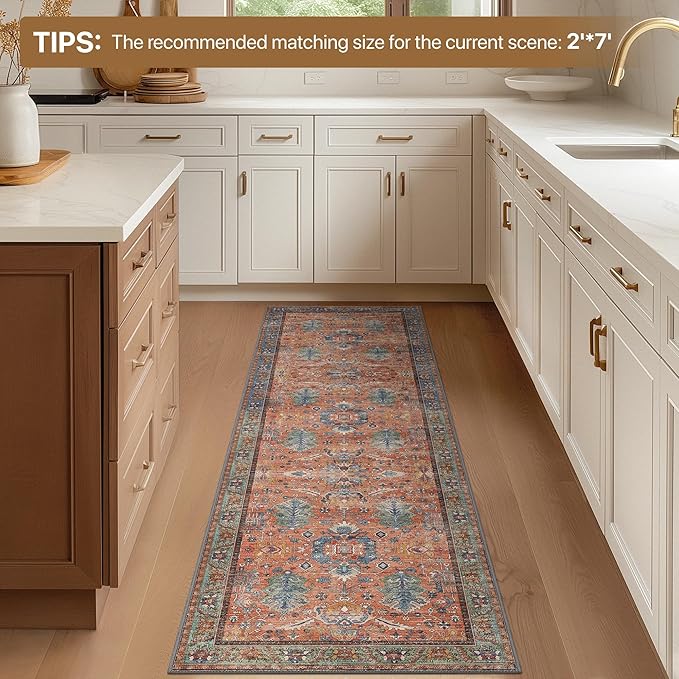 Bavni Bedroom Rug Runners for Hallways, Washable Runner Rug 2x10, Low Pile Non-Slip Indoor Throw Carpet for Bedroom Laundry Room, Terracotta/Blue