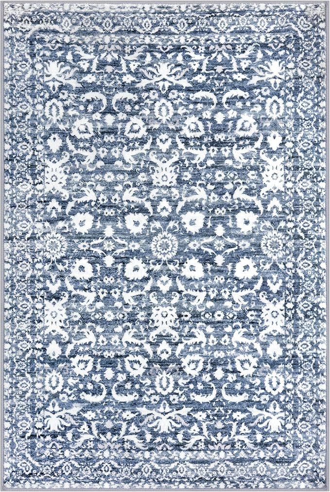 Vintage Floral 5x7 Rug, Light Blue White Washable Area Rug for Bedroom, Non Slip Living Room Rug Thin Print Faux Wool Super Soft Floor Carpet for Nursery Playroom Dining Room Indoor Office