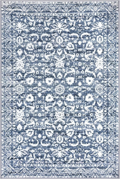 Vintage Floral 5x7 Rug, Light Blue White Washable Area Rug for Bedroom, Non Slip Living Room Rug Thin Print Faux Wool Super Soft Floor Carpet for Nursery Playroom Dining Room Indoor Office