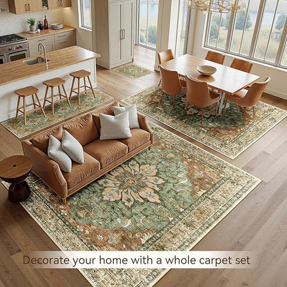 Area Rugs 10'x12' Washable Non-Slip, Floral Vintage Distress Print Pattern Medallion Carpet for Living Room Bedroom Dining Room, Brick Red Rust Neutral Brown Burnt Orange Green