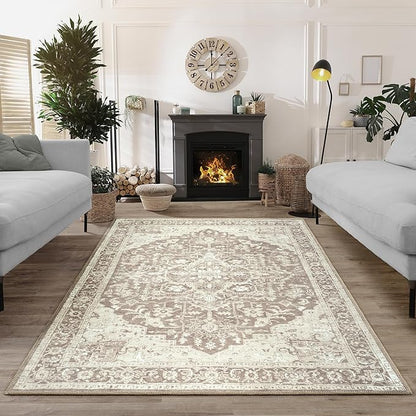 Bloom Rugs Washable Non-Slip 4' x 6' Rug - Light Brown Traditional Medallion Area Rug for Living Room, Bedroom, Dining Room, and Kitchen - Exact Size: 4' x 6'