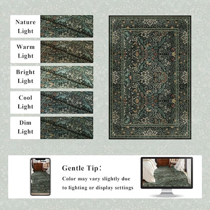2x3 Floral Washable Area Rug for Living Room, Vintage Boho Rug for Bedroom Dining Room， Distressed Botanical Birds Non Slip Low Pile Forest Animal Throw Carpet for Farmhouse Office, Dark Green