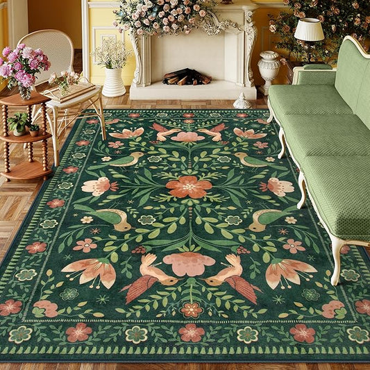 Moynesa Green Washable 8x10 Area Rugs for Living Room Bedroom Dining Room, Modern Cottage Farmhouse Aesthetic Floral Bird Medallion Carpet, Vintage Home Decor Open Floor Areas Protection Non-Slip