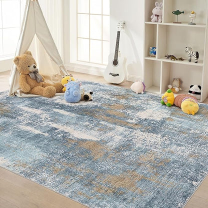 Area Rug Living Room Rugs - 5x7 Washable Soft Indoor Neutral Modern Abstract Low Pile Rug Carpet for Bedroom Dining Room Farmhouse Home Office - Blue Brown