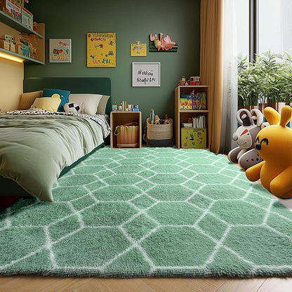 ONASAR Area Rugs for Bedroom Living Room, Washable 4x6 Fluffy Sage Green and White Throw Rug, Shaggy Geometric Floor Mat for Home Decor Aesthetic, Soft Plush Fuzzy Carpet for Nursery Kids Teen Dorm