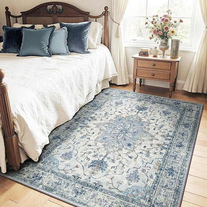 Area Rugs 5'x7' Washable Non-Slip, Floral Vintage Distress Print Pattern Medallion Carpet for Living Room Bedroom Dining Room, Light Blue Navy Beige Gray White