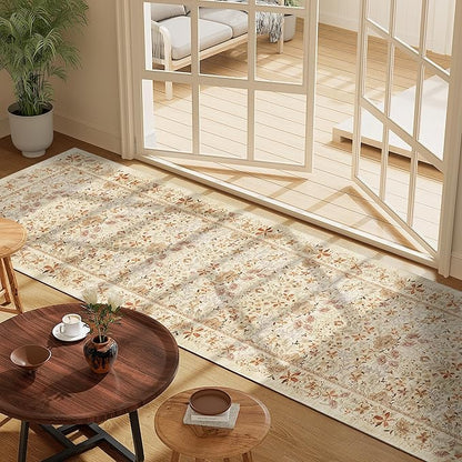 DUKINO 2x6 Runner Rug for Hallway, Washable Vintage Floral Kitchen Rug with Non Slip Backing, Soft Low Pile Throw Carpet Runner for Kitchen, Laundry, Hallway, Bathroom, Beige