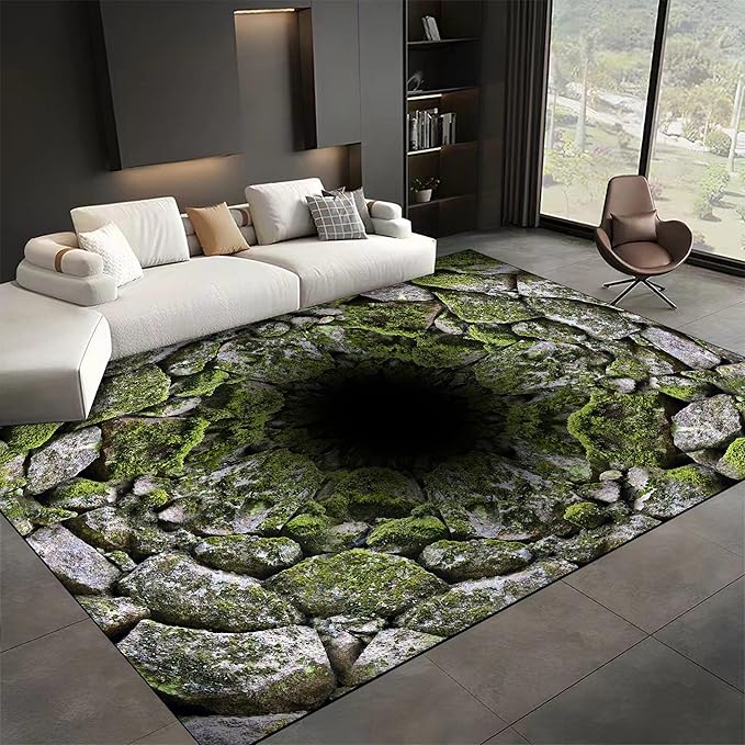 3D Hole Area Carpets, 5x8ft, Optical Illusion Design Pattern Floor Rugs, Realistic Abyss Perspective Effect Non-Shedding Playing Mat, Cozy Thin Breathable Durable Rug for Living Room