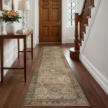 Bavni Runner Rug 3x8 Kitchen Rugs for Hallways Entryway, Washable Vintage Print Carpet, Ultra-Thin Chenille Low Pile Lightweight Rug with Non Slip Backing, Warm Taupe