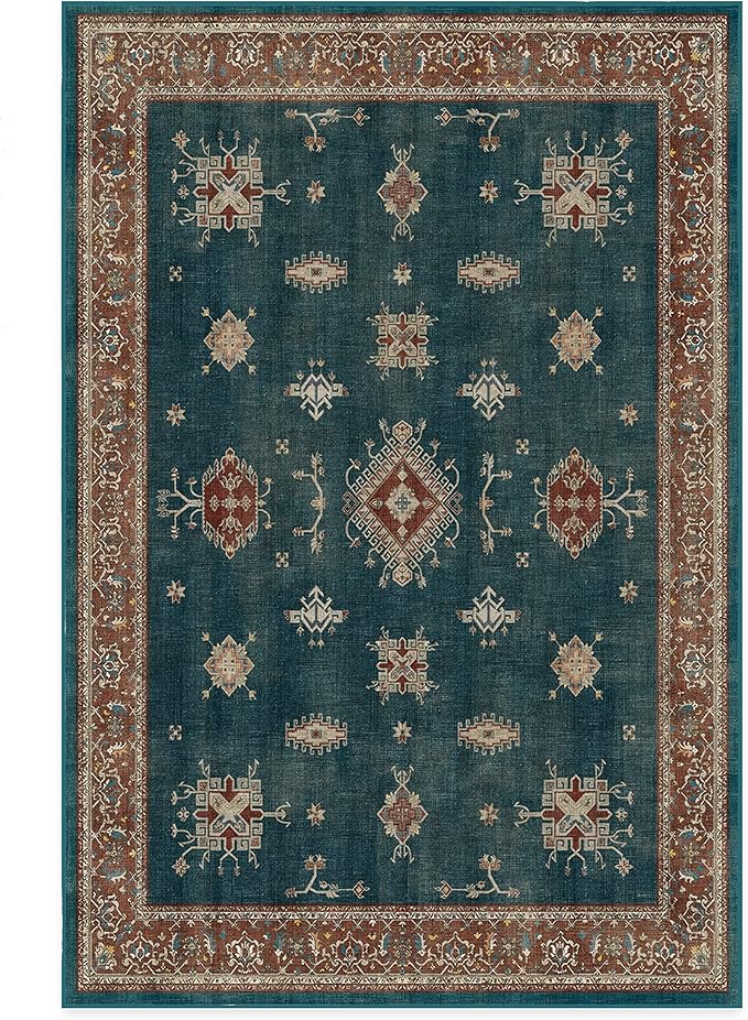 RUGGABLE Washable Vintage Area Rug – Verena Teal Blue 6x9, Stain-Resistant, Non-Slip – Medium Machine Washable Rugs for Living Room, Bedroom, Hallway, Entryway & Office–with Standard Pad